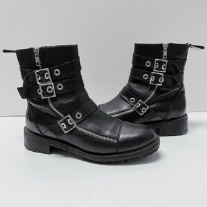Zara Basic Collection Black Leather Moto Silver Buckle Flat Ankle Boots 41 10